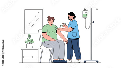 Nurse giving injection to patient in a clean medical room. Modern flat vector illustration for vaccination, immunization, and healthcare materials