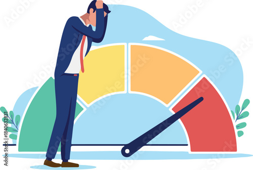  Business warning high risk alert - Sad businessman, investor or manager in fear looking at company indicator showing risky economy and financial emergency crisis. Flat design illustration graphic