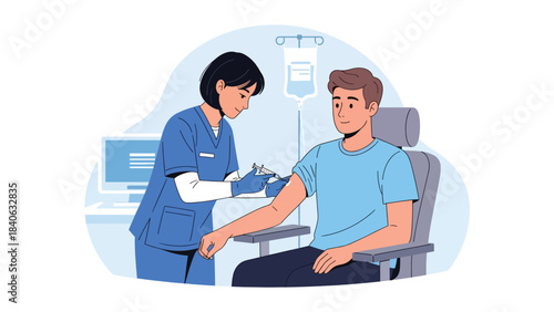 Nurse giving injection to patient in a clean medical room. Modern flat vector illustration for vaccination, immunization, and healthcare materials
