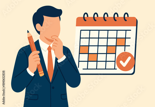 Calendar schedule, event or meeting reminder, date time planning, work deadline or appointment, due date organizer weekly review concept, businessman hold pencil thinking with calendar schedule plan