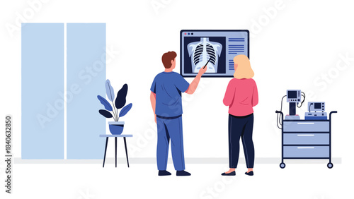 Doctor explaining X-ray results to patient in modern clinic. Flat vector illustration for diagnosis, radiology, consultation, and medical communication