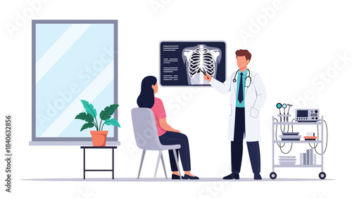 Doctor explaining X-ray results to patient in modern clinic. Flat vector illustration for diagnosis, radiology, consultation, and medical communication