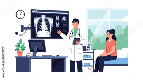 Doctor explaining X-ray results to patient in modern clinic. Flat vector illustration for diagnosis, radiology, consultation, and medical communication