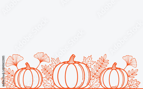 Thanksgiving Harvest Festival Border with Pumpkins and Autumn Leaves Line Art Design