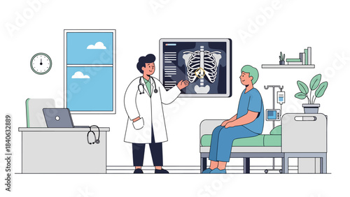 Doctor explaining X-ray results to patient in modern clinic. Flat vector illustration for diagnosis, radiology, consultation, and medical communication