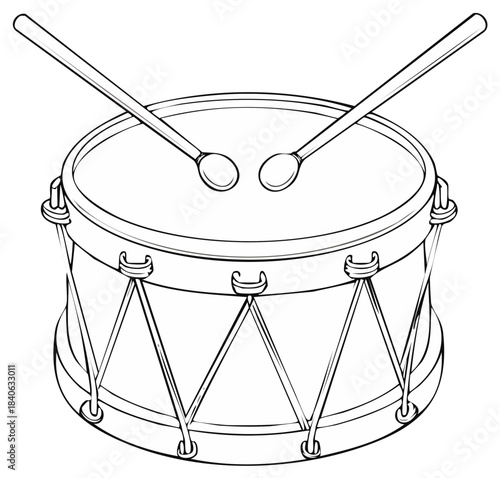 Line art illustration of a snare drum with drumsticks, classic percussion instrument with detailed construction and design elements
