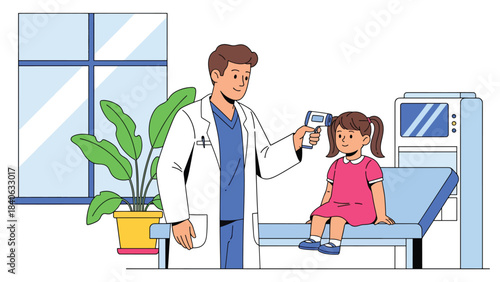 Doctor checking child’s temperature with digital thermometer in a friendly pediatric clinic. Flat vector for kids health and medical care