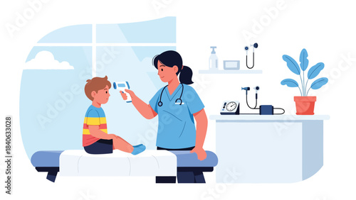 Doctor checking child’s temperature with digital thermometer in a friendly pediatric clinic. Flat vector for kids health and medical care