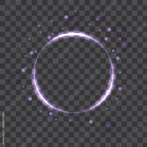 Glowing purple neon circle ring with sparkles and particles on transparent background