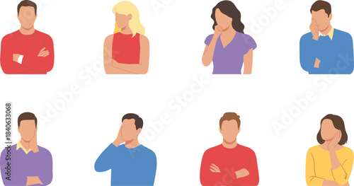 Flat minimalist illustration of diverse people expressing various emotions and thoughtful poses, modern faceless character collection for design concepts