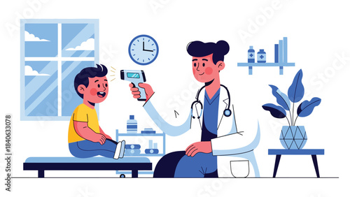 Doctor checking child’s temperature with digital thermometer in a friendly pediatric clinic. Flat vector for kids health and medical care