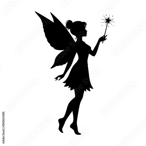 Fairy silhouette holding a magic wand isolated on white background