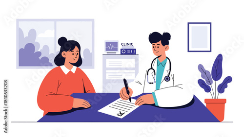 Doctor writing prescription while patient consults beside the desk. Modern flat medical illustration for healthcare, medication, and diagnosis needs