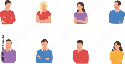 Flat minimalist illustration of diverse people expressing various emotions and thoughtful poses, modern faceless character collection for design concepts