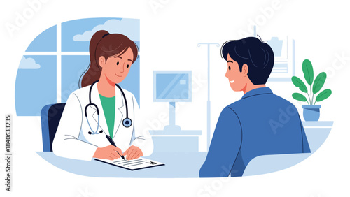 Doctor writing prescription while patient consults beside the desk. Modern flat medical illustration for healthcare, medication, and diagnosis needs
