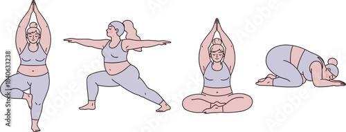 Diverse woman demonstrating multiple yoga poses in a pastel colored illustration