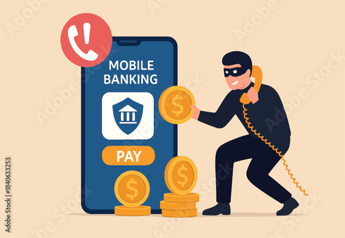 Call center fraud or scam stealing money from mobile banking application, fake phone call or financial crime, phishing or financial threat concept, scammer thief steal money from mobile banking app.