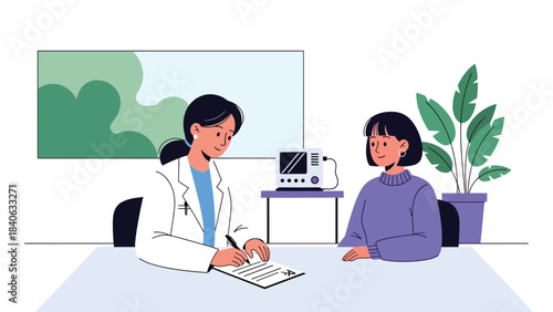 Doctor writing prescription while patient consults beside the desk. Modern flat medical illustration for healthcare, medication, and diagnosis needs