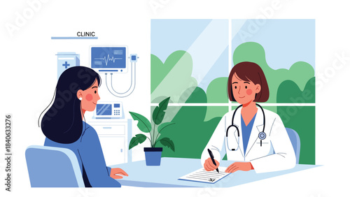 Doctor writing prescription while patient consults beside the desk. Modern flat medical illustration for healthcare, medication, and diagnosis needs