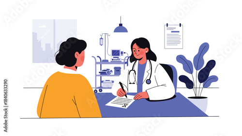 Doctor writing prescription while patient consults beside the desk. Modern flat medical illustration for healthcare, medication, and diagnosis needs