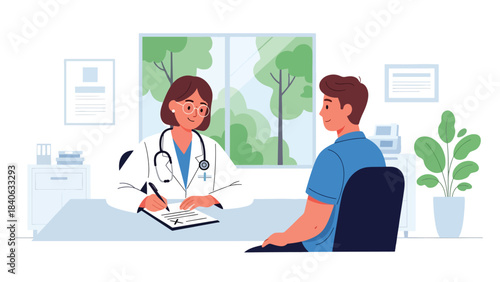 Doctor writing prescription while patient consults beside the desk. Modern flat medical illustration for healthcare, medication, and diagnosis needs
