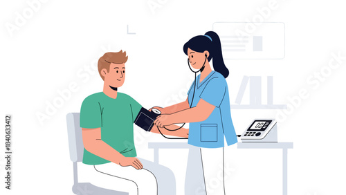 Doctor checking blood pressure in clean clinical setting. Flat medical vector ideal for wellness, diagnosis, and routine check-up materials