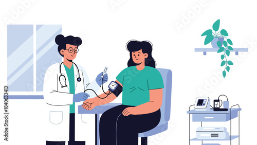 Doctor checking blood pressure in clean clinical setting. Flat medical vector ideal for wellness, diagnosis, and routine check-up materials