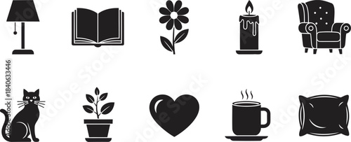 Minimalist black silhouette icons depicting cozy home objects and natural elements