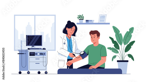 Doctor checking blood pressure in clean clinical setting. Flat medical vector ideal for wellness, diagnosis, and routine check-up materials