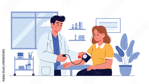 Doctor checking blood pressure in clean clinical setting. Flat medical vector ideal for wellness, diagnosis, and routine check-up materials