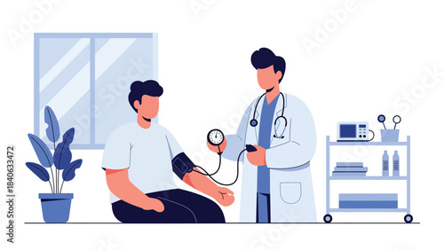 Doctor checking blood pressure in clean clinical setting. Flat medical vector ideal for wellness, diagnosis, and routine check-up materials