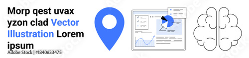 Data analysis, business intelligence, location insight, innovation, cognitive thinking, planning. Blue location marker, analytic dashboard brain outline. Data analysis and business intelligence