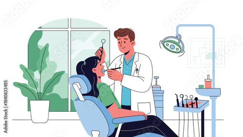 Dentist examining patient’s teeth in modern dental clinic. Flat vector illustration for oral care, dentistry, and medical services