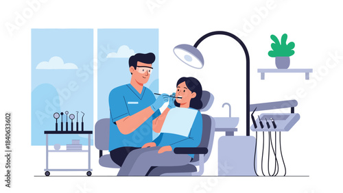 Dentist examining patient’s teeth in modern dental clinic. Flat vector illustration for oral care, dentistry, and medical services