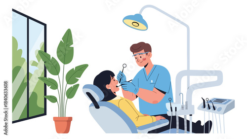 Dentist examining patient’s teeth in modern dental clinic. Flat vector illustration for oral care, dentistry, and medical services