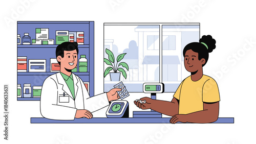 Pharmacist handing medicine to customer in clean pharmacy interior. Flat vector illustration for medication, drugstore, and health products