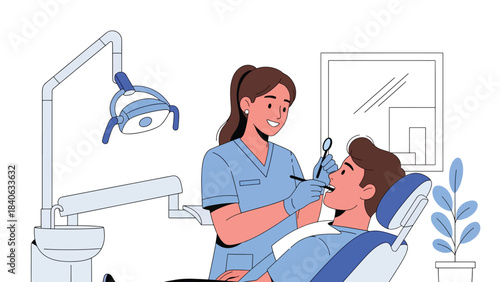Dentist examining patient’s teeth in modern dental clinic. Flat vector illustration for oral care, dentistry, and medical services