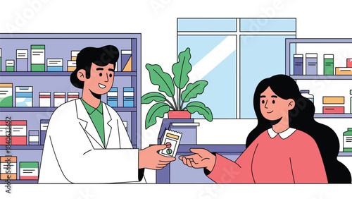 Pharmacist handing medicine to customer in clean pharmacy interior. Flat vector illustration for medication, drugstore, and health products