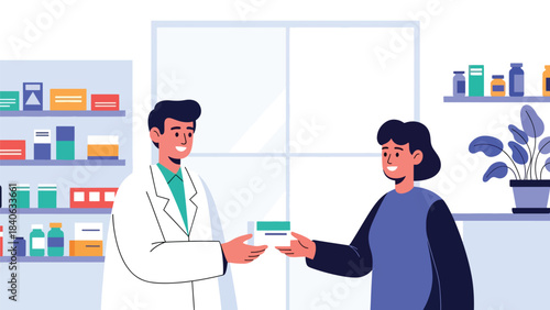 Pharmacist handing medicine to customer in clean pharmacy interior. Flat vector illustration for medication, drugstore, and health products