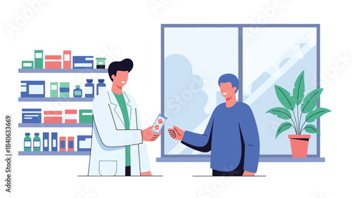Pharmacist handing medicine to customer in clean pharmacy interior. Flat vector illustration for medication, drugstore, and health products