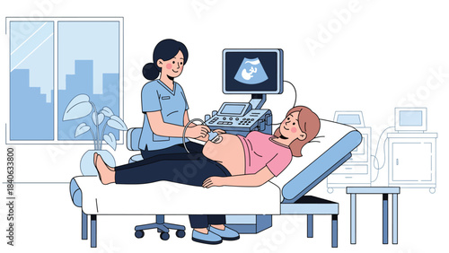 Doctor performing ultrasound scan for pregnant woman in maternity clinic. Flat vector illustration for pregnancy care and maternal health
