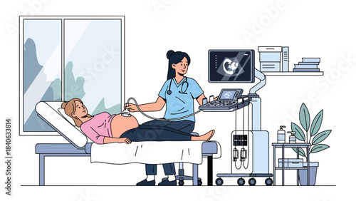 Doctor performing ultrasound scan for pregnant woman in maternity clinic. Flat vector illustration for pregnancy care and maternal health