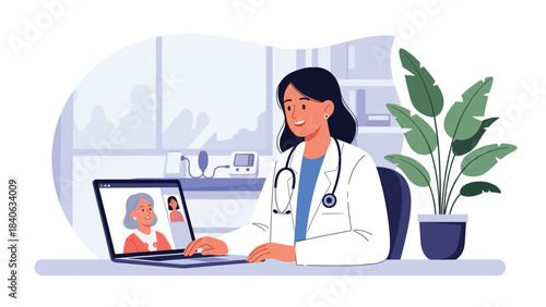 Doctor conducting telemedicine consultation via laptop. Flat vector healthcare technology concept for remote medical services and online diagnosis