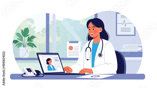 Doctor conducting telemedicine consultation via laptop. Flat vector healthcare technology concept for remote medical services and online diagnosis