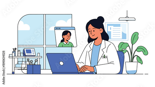 Doctor conducting telemedicine consultation via laptop. Flat vector healthcare technology concept for remote medical services and online diagnosis