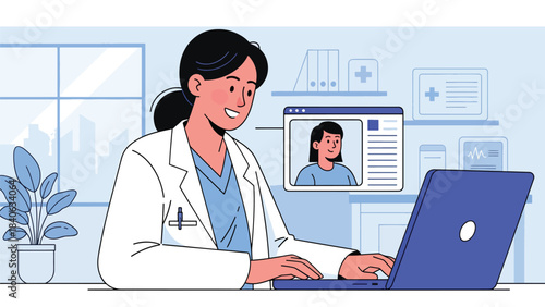 Doctor conducting telemedicine consultation via laptop. Flat vector healthcare technology concept for remote medical services and online diagnosis