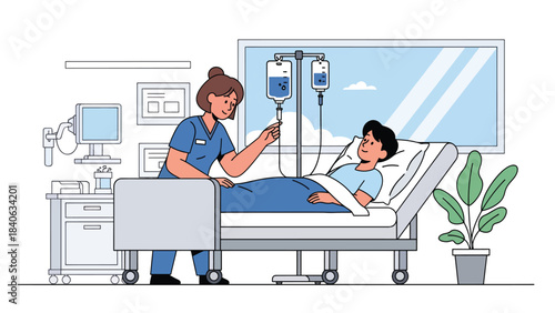 Nurse checking IV drip for patient in hospital bed. Clean flat vector illustration for medical care, treatment monitoring, and clinical services