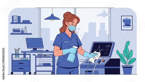 Healthcare worker sanitizing equipment in hospital hallway. Flat vector illustration for hygiene, safety, and medical cleanliness standards
