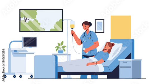 Nurse checking IV drip for patient in hospital bed. Clean flat vector illustration for medical care, treatment monitoring, and clinical services