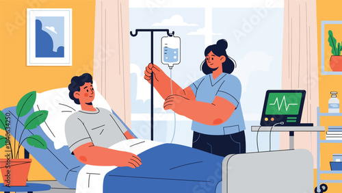 Nurse checking IV drip for patient in hospital bed. Clean flat vector illustration for medical care, treatment monitoring, and clinical services